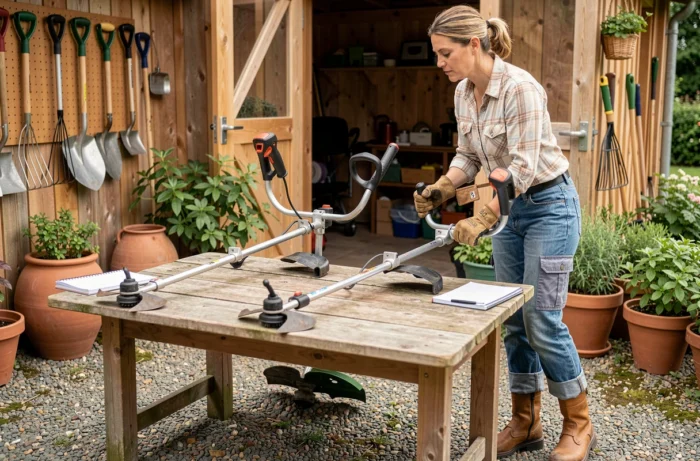 Femme comparant deux modèles de débroussailleuses thermiques posés sur une table en bois dans un jardin