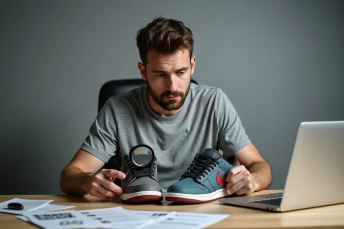 Homme comparant deux paires de Nike pour détecter une contrefaçon en examinant l'étiquette avec une loupe