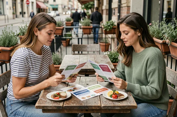 Deux femmes comparant des fiches explicatives sur différents régimes alimentaires autour d'une table en terrasse de café