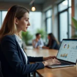 Professionnelle consultant un tableau comparatif de logiciels sur son ordinateur portable dans un bureau moderne en 2026