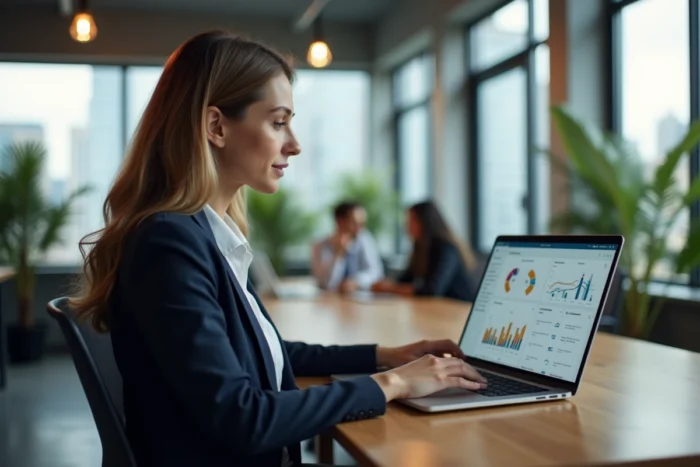 Professionnelle consultant un tableau comparatif de logiciels sur son ordinateur portable dans un bureau moderne en 2026