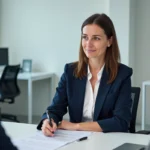 Conseillère indemnisation de Pôle emploi en entretien avec un demandeur d'emploi dans une agence moderne