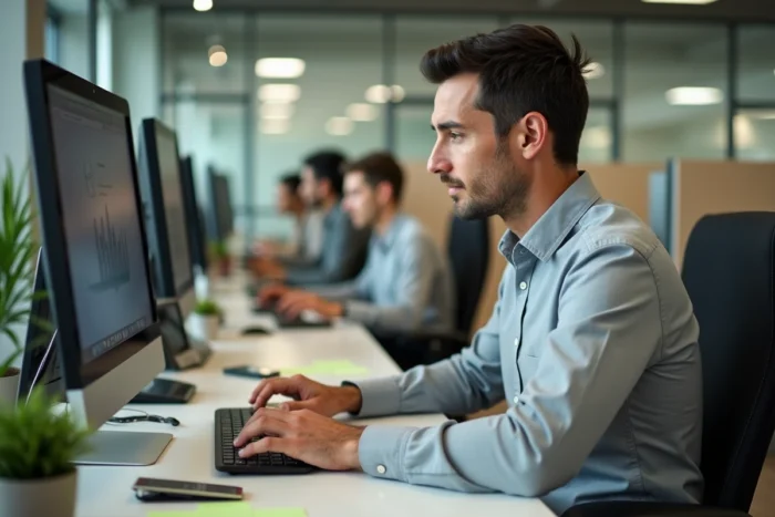Conseiller de Pôle emploi travaillant sur un dossier d'indemnisation à son bureau dans un open space