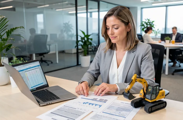 Conseillère financière analysant un contrat de leasing pour une mini pelle dans un bureau professionnel
