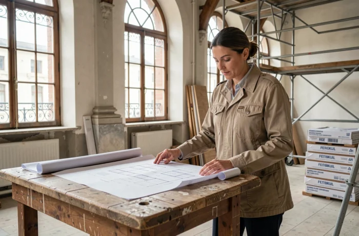 Consultante en patrimoine examinant des plans de rénovation de plomberie dans un immeuble classé à Bruxelles