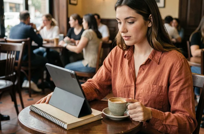 Jeune femme consultant la page de contact d'un site web sur une tablette dans un café