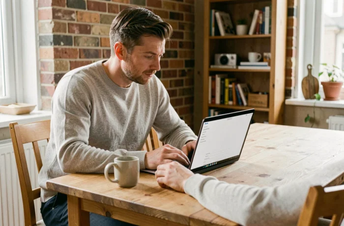Homme utilisant un ordinateur portable pour contacter une agence immobilière en ligne depuis chez lui