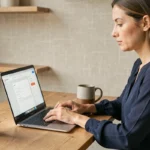 Femme en train de remplir un formulaire de contact sur un site web depuis son bureau à domicile