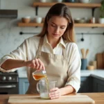 Femme versant 60 ml de liquide dans un verre doseur en verre sur un plan de travail en marbre lors d'une session de cuisine