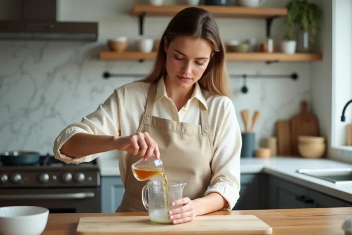 Femme versant 60 ml de liquide dans un verre doseur en verre sur un plan de travail en marbre lors d'une session de cuisine