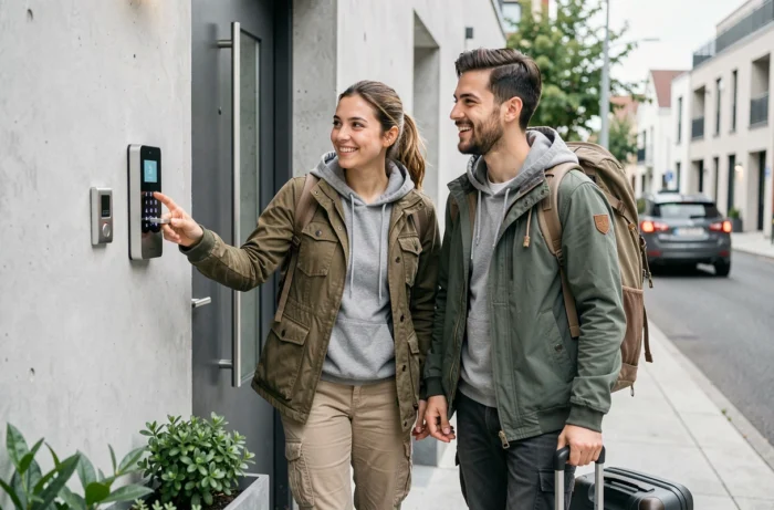 Couple de voyageurs arrivant dans une location saisonnière urbaine équipée d'une serrure connectée