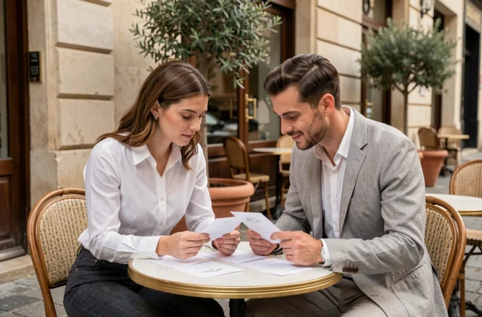 Couple examinant des échantillons de faire-part de mariage en terrasse dans un cadre parisien élégant