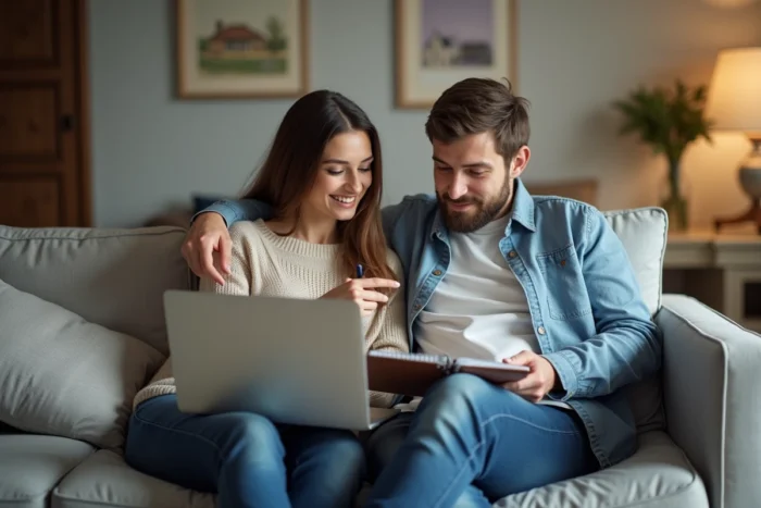 Couple utilisant un logiciel gratuit de plan de maison en ligne sur un ordinateur portable dans leur salon