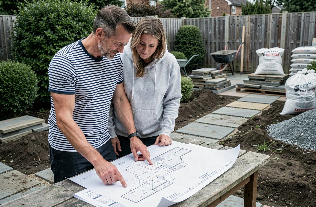 Couple planifiant l'aménagement de leur jardin extérieur avec des dalles en pierre et un chemin en cours de construction