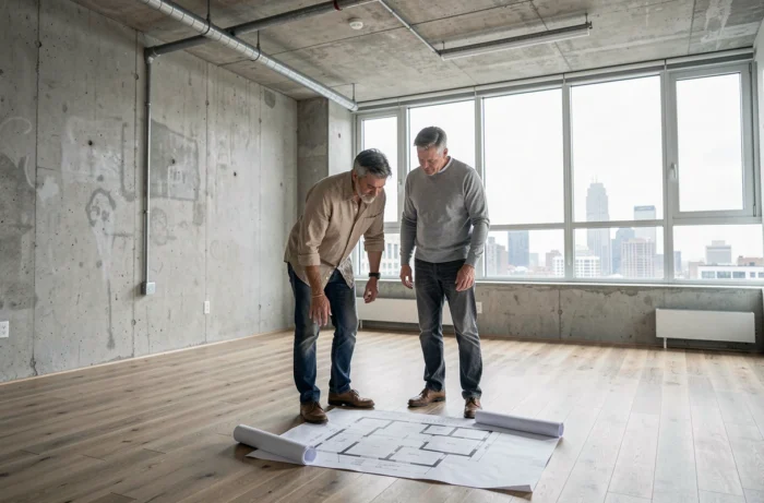 Couple examinant des plans de rénovation dans un appartement vide à rénover avec vue sur la ville