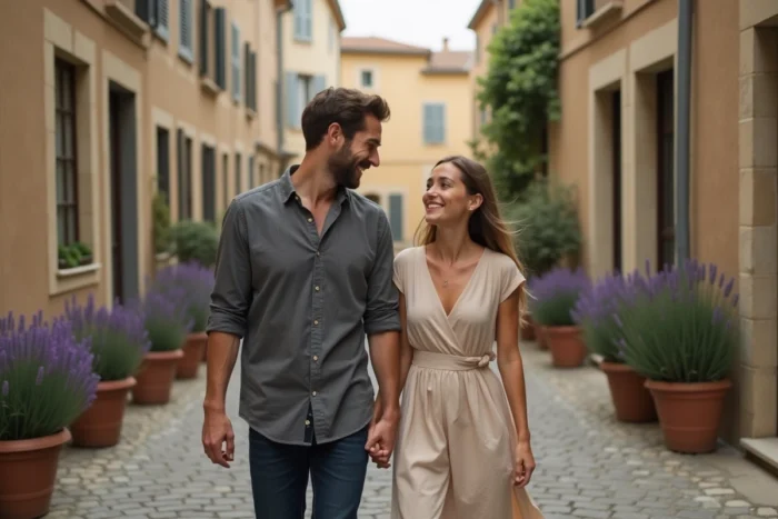 Couple complice se promenant dans une rue pavée d'une ville française, symbolisant amour discret et vie de couple