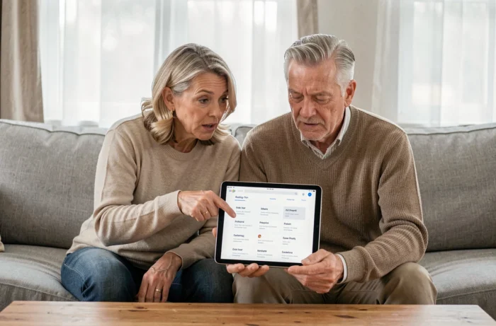 Couple de seniors consultant ensemble la structure du site Guide Seniors sur une tablette dans leur salon