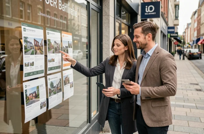 Couple devant la vitrine d'une agence immobilière en ville consultant les annonces affichées et un smartphone