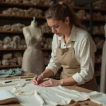 Couturière indépendante examinant les coutures d'une robe de soirée dans son atelier de retouches avec un carnet de tarifs ouvert