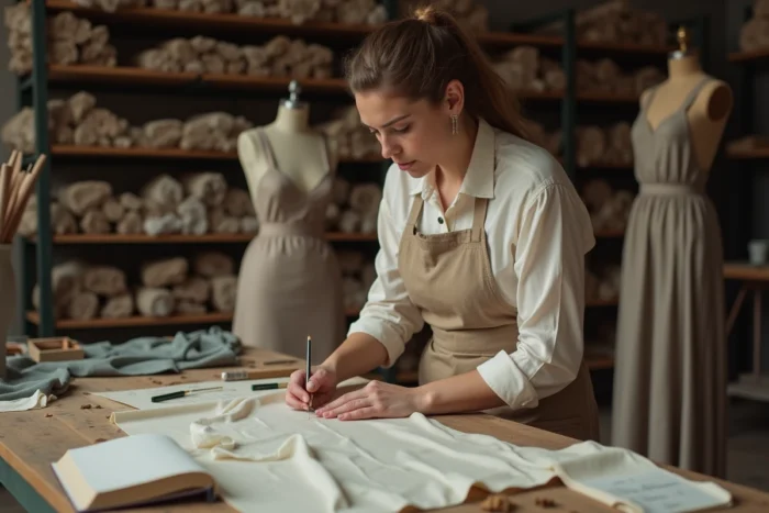 Couturière indépendante examinant les coutures d'une robe de soirée dans son atelier de retouches avec un carnet de tarifs ouvert
