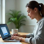Femme créant un compte MyFoncia sur son ordinateur portable dans un bureau à domicile bien organisé