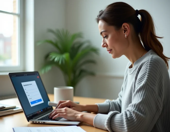 Femme créant un compte MyFoncia sur son ordinateur portable dans un bureau à domicile bien organisé