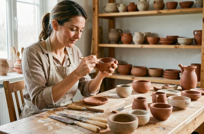 Femme créant des objets artisanaux en céramique à vendre sur Etsy depuis son atelier à domicile