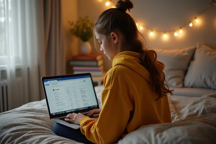 Adolescente créant des raccourcis Google et Gmail sur MacBook depuis sa chambre avec Chrome