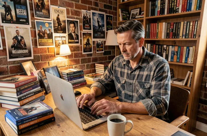 Critique de cinéma écrivant une critique de film dans un bureau à domicile entouré de livres et d'affiches