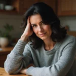 Femme de 40 ans tenant sa tempe en signe de gêne ou décharge électrique dans la tête, assise dans une cuisine en bois