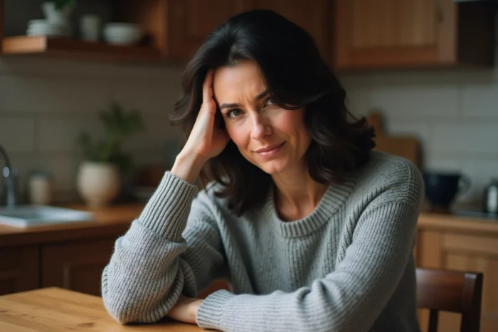 Femme de 40 ans tenant sa tempe en signe de gêne ou décharge électrique dans la tête, assise dans une cuisine en bois