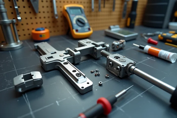 Gâche électrique encastrée démontée sur un établi avec outils de maintenance et graisse diélectrique pour entretien