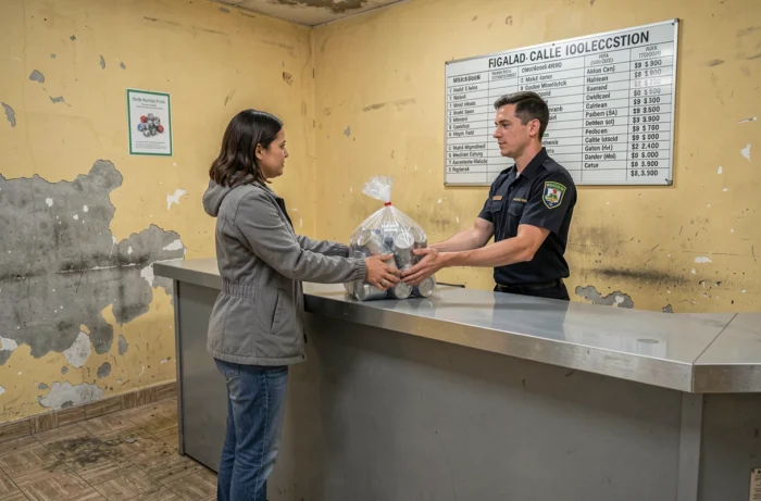 Femme déposant des canettes en aluminium au comptoir d'un centre de rachat de métaux