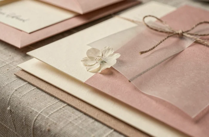 Détail de faire-part de mariage en papier texturé avec superposition de vellum et fleur pressée sur lin