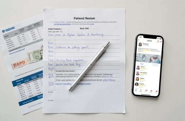Documents de tarification et avis clients d'une clinique dentaire turque disposés sur un bureau