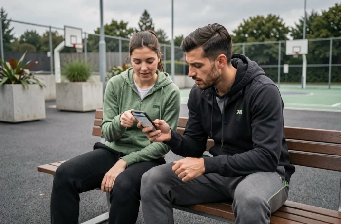 Deux sportifs consultant ensemble le plan d'un site sportif sur smartphone dans une place urbaine extérieure