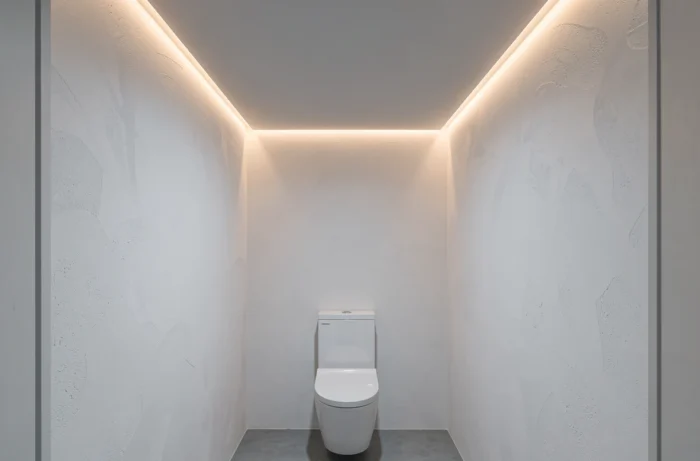 Éclairage encastré périmétrique en corniches LED au plafond dans de petites toilettes minimalistes soulignant la géométrie de la pièce sans luminaire apparent