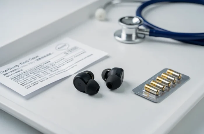 Gros plan sur des écouteurs de stimulation auditive posés sur un plateau médical, évoquant les précautions d'utilisation d'Audistim