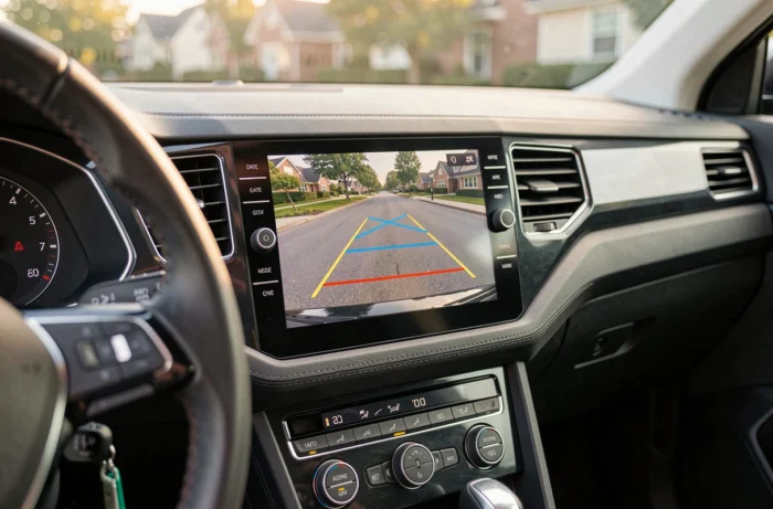 Écran tactile du tableau de bord du Volkswagen T-Roc affichant l'image de la caméra de recul avec lignes de guidage au stationnement