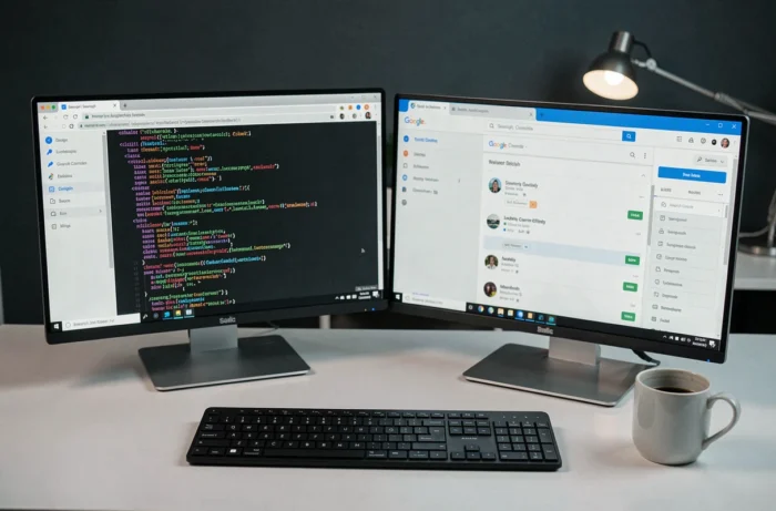 Poste de travail avec sitemap XML et Google Search Console affichés sur deux écrans d'ordinateur