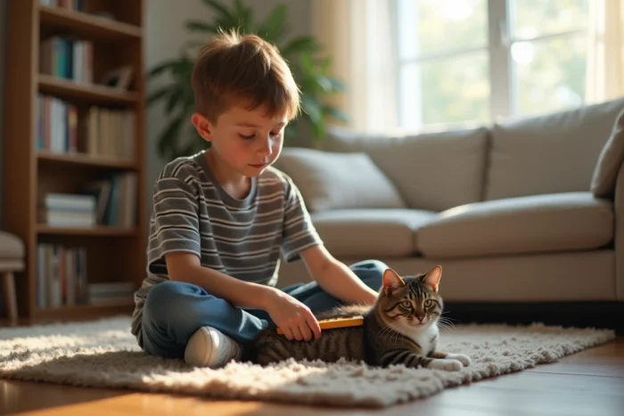 Jeune garçon de 13 ans brossant un chat à l'intérieur d'une maison, montrant un enfant s'occupant d'un animal de compagnie