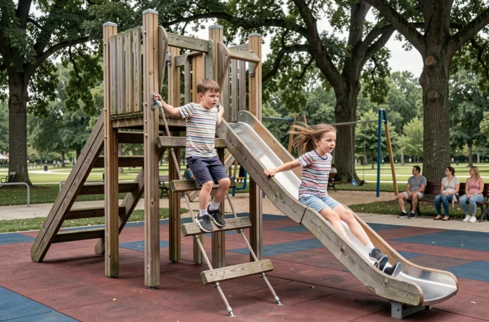 Enfants jouant sur une structure de jeux en bois dans un parc public pendant une sortie en famille