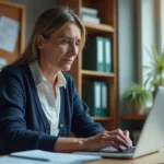 Enseignante connectée au portail iProf Versailles sur un ordinateur portable dans une salle des professeurs