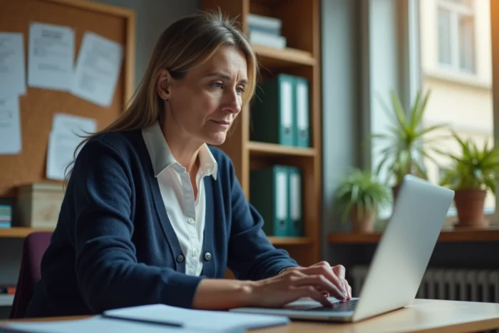 Enseignante connectée au portail iProf Versailles sur un ordinateur portable dans une salle des professeurs