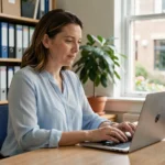 Enseignante connectée au webmail académique de Nantes depuis son bureau dans une école