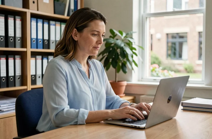 Enseignante connectée au webmail académique de Nantes depuis son bureau dans une école