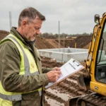 Entrepreneur en bâtiment consultant son budget de financement pour une mini pelle sur un chantier de construction