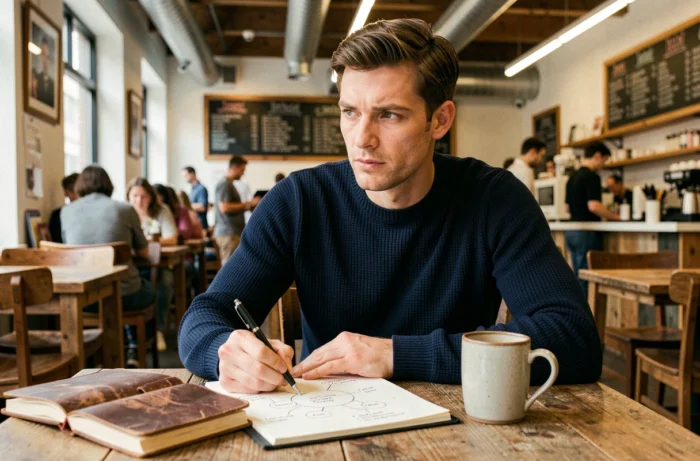 Jeune entrepreneur rédigeant un business plan dans un café indépendant avec un carnet et une tasse de café