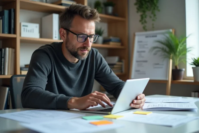 Entrepreneur évaluant des alternatives logicielles avec des documents et une tablette dans un bureau à domicile épuré