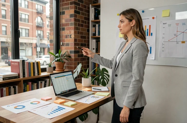 Jeune femme entrepreneure analysant un plan stratégique d'entreprise dans un bureau moderne